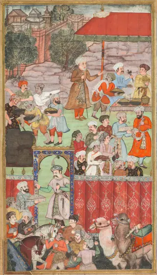 A feast for Babur hosted by his half-brother Jahangir Mirza in Ghazni in May 1505, from a Babur-nama (Memoirs of Babur), by Basawan