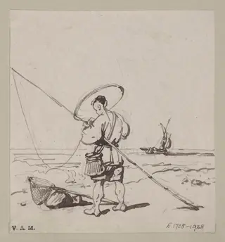 A fisherman by the sea with rod, line and net