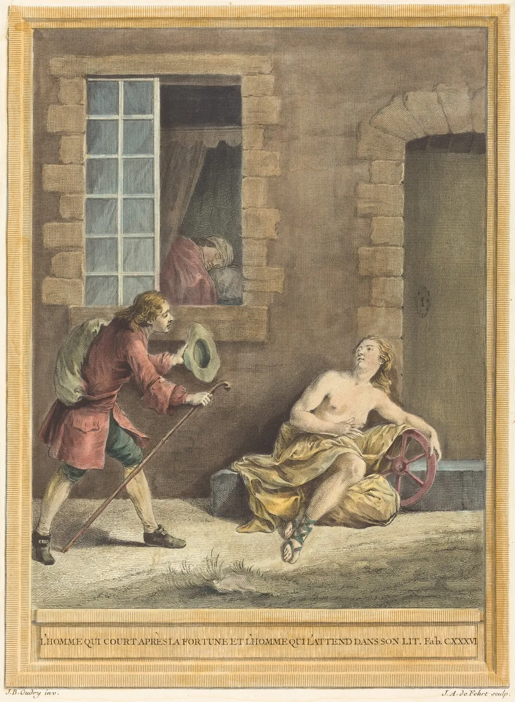 L'homme qui court apres la fortune et l'hommequi l'attend dans son lit (The Man who Courts Fortune and the Man Who Sleeps in Bed), by A.-J. de Fehrt, ink, 1756