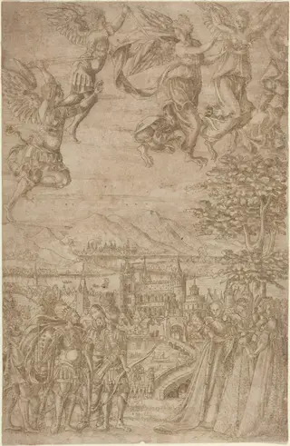 A King and His Retinue Confronting Ladies under a Celestial Battle