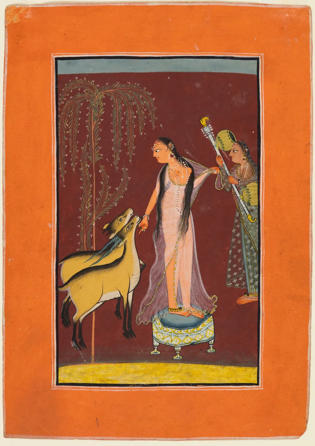 A Lady with Attendant and a Pair of Deer: Probably Gujari Ragini of Dipak, from a Pahari Ragamala, unspecified, 1710