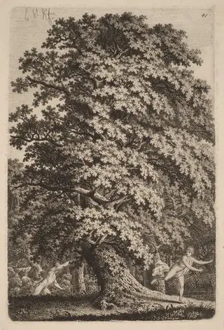 A Large Oak Tree in Gehölz. A Young Man with a Spear Follows a Young Girl.