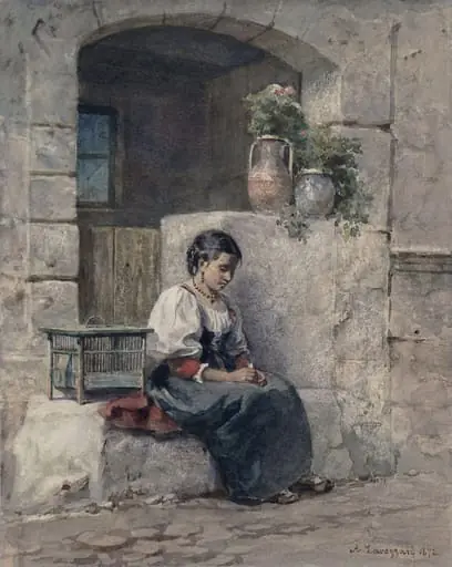 Italian peasant girl seated in a doorway, by A. Lavezzari