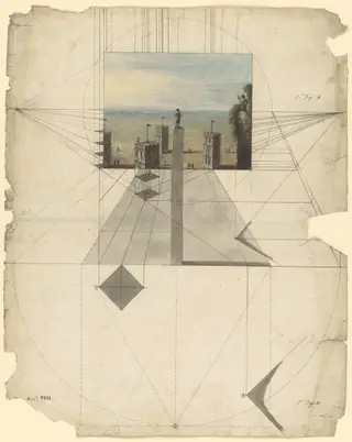 A lesson in perspective showing a method of drawing towers from a point above them