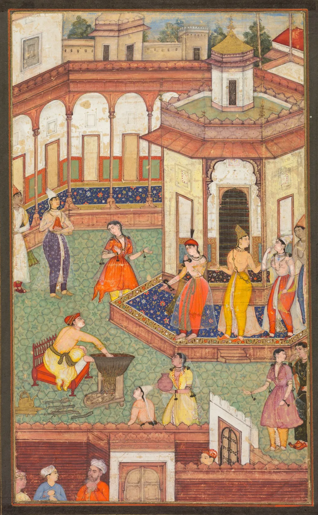 A Man Dips His Hand into a Cauldron as Ladies of the Harem Stand in Amazement: A Page from a Manuscript of Religious History, unspecified, 1600