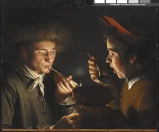 A Man Smoking and Another Man Eating by Candlelight