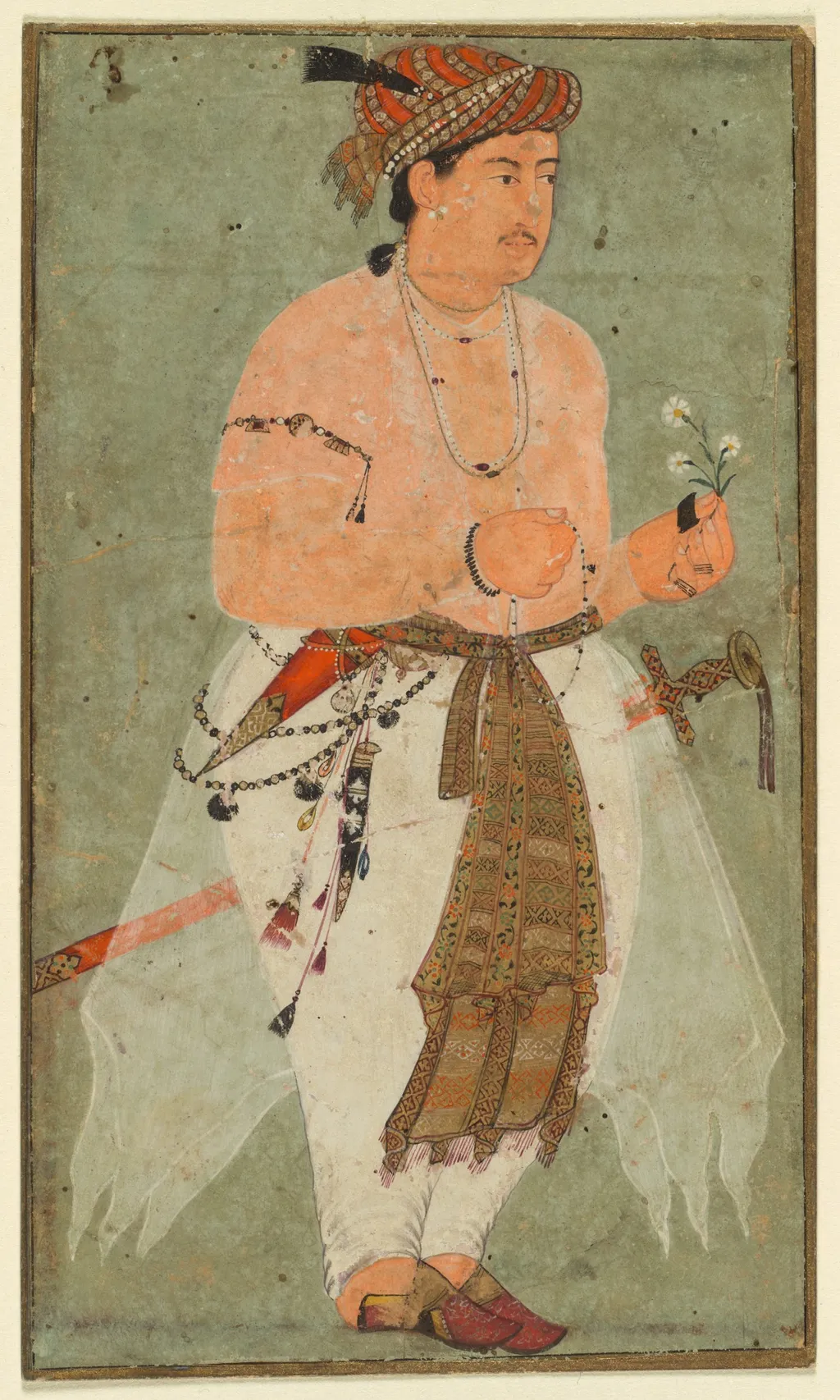 A Mughal Prince, Perhaps Danyal, Holding a Sprig of Flowers, unspecified, 1593
