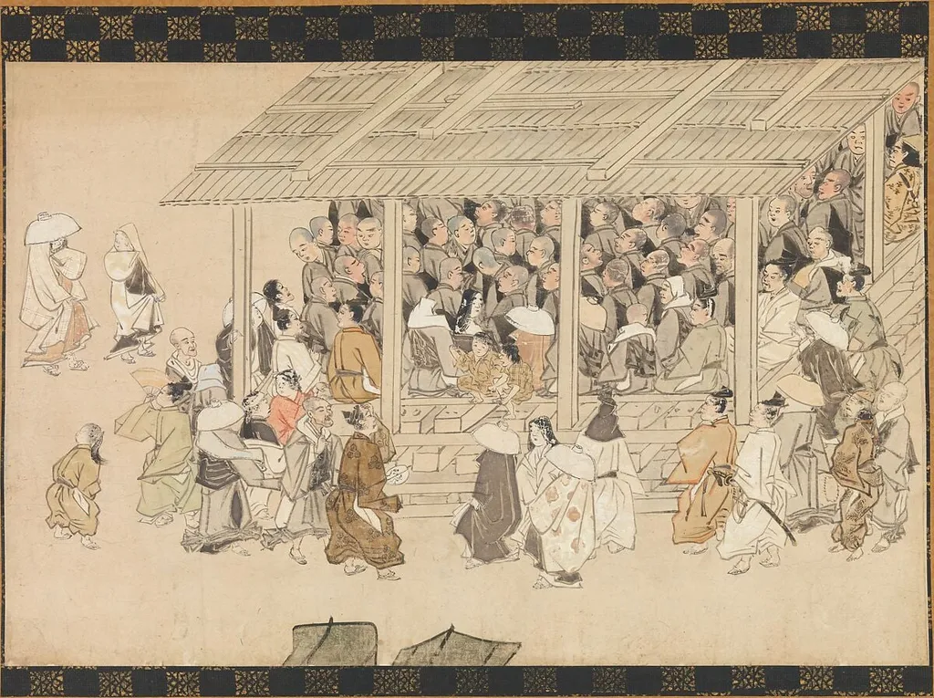 一遍上人絵伝「遊行上人縁起絵」 断簡|A Nenbutsu Gathering at Ichiya, Kyoto, from the Illustrated Biography of the Monk Ippen and His Disciple Ta'a (Yugyō Shōnin engi-e), ink, 1385