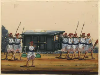 A palanquin with six carriers, 1860
