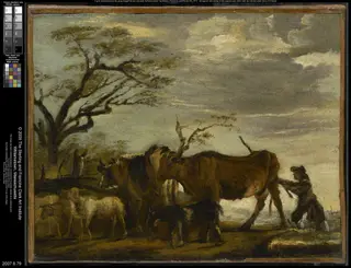 A Peasant Driving Cattle, Sheep and Goats in a Landscape