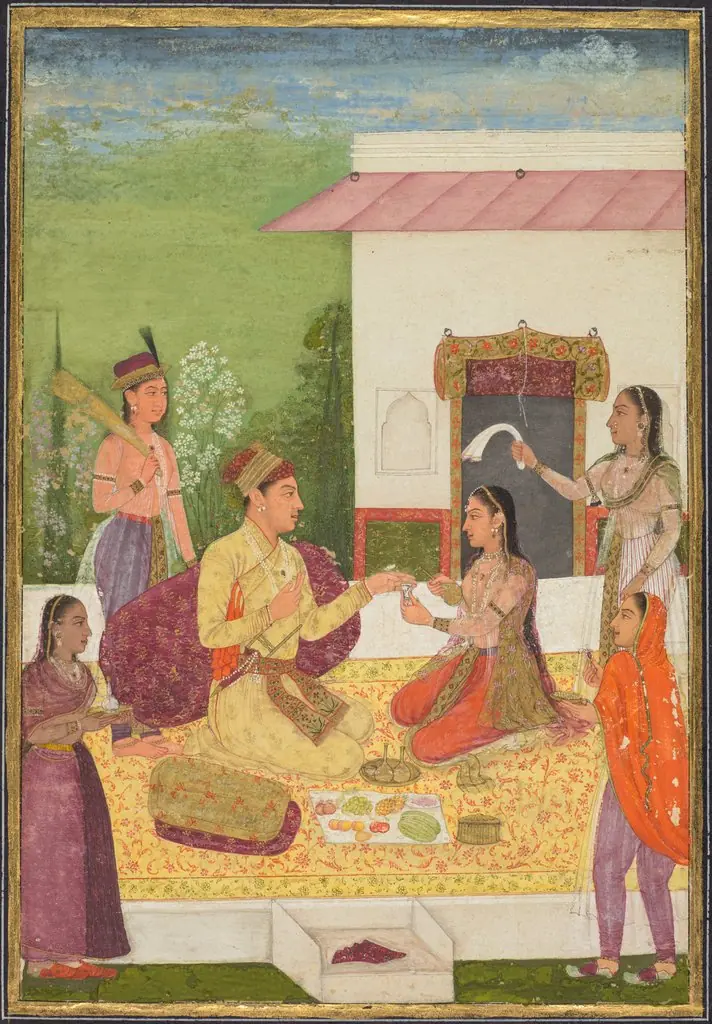 A prince conversing with a woman while taking refreshments on a terrace (recto); Calligraphy (verso), 1715