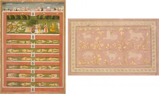 A Princess and Demons before a Nobleman: A Leaf from a Poetical Romance Relating to Shah Alam I (recto); Stenciled Scenes of Lion and Gazelle (verso)