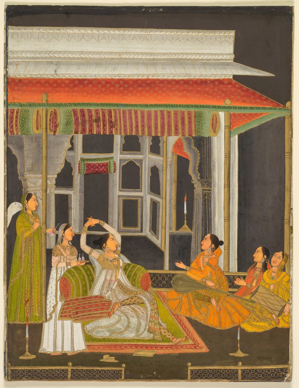 A Princess on a Terrace with Attendants at Night (recto), unspecified, 1760