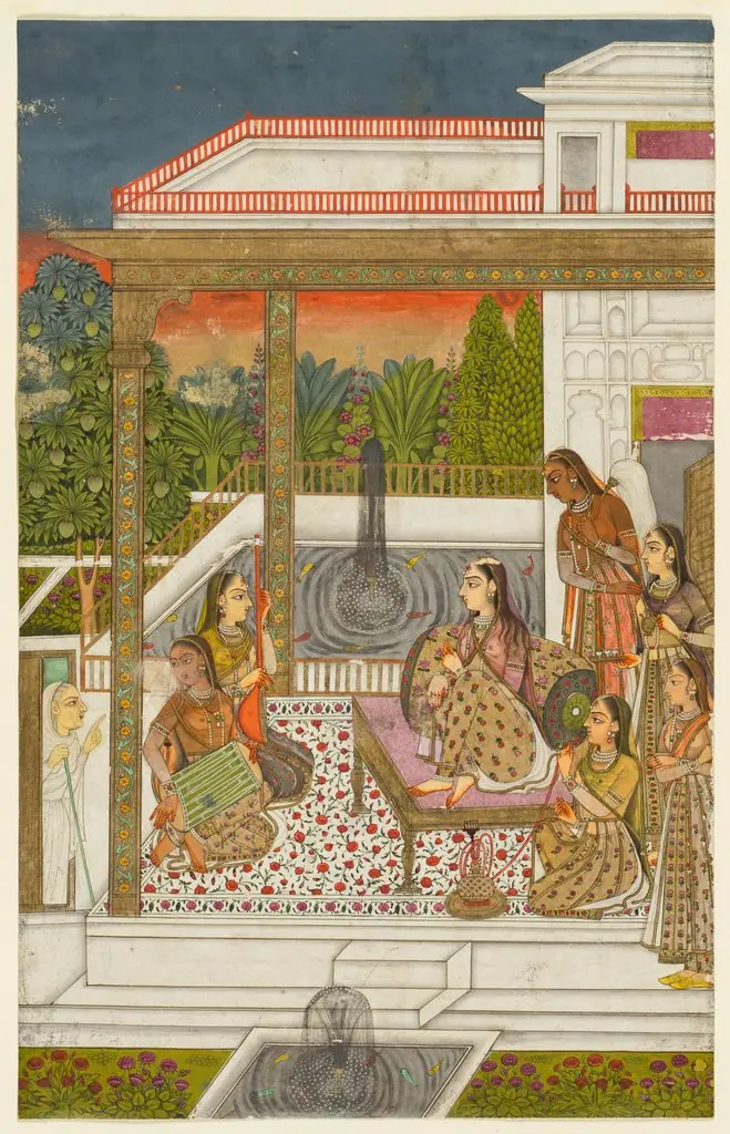 A princess with attendants on a terrace