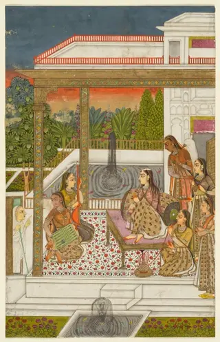 A princess with attendants on a terrace