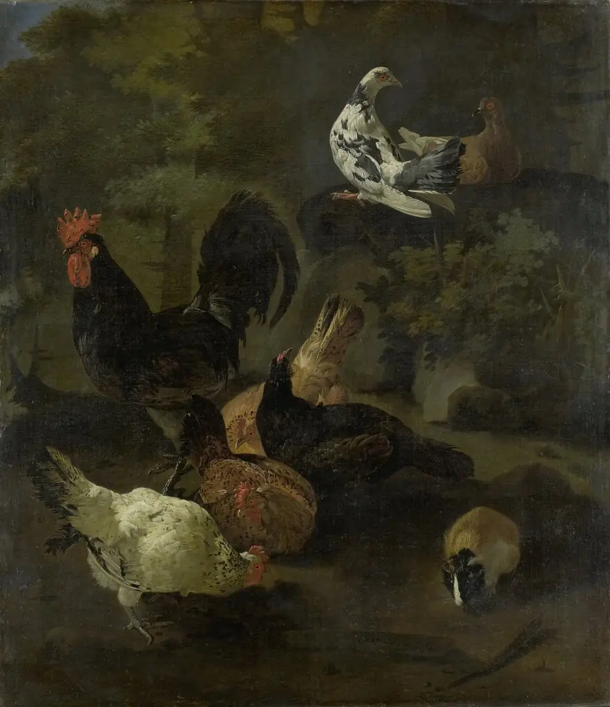 A rooster with chickens, pigeons and a marmot