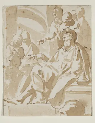 A Seated Old Man, Pointing with his Right Hand and Other Figures