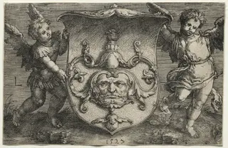 A Shield Bearing a Mask Supported by Two Genii