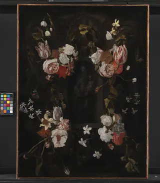 A Stone Cartouche with Virgin Mary and the Infant Christ in a Niche encircled by a Garland of Flowers