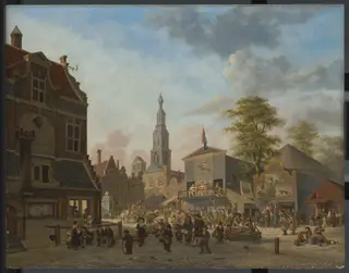 A town square with a fair