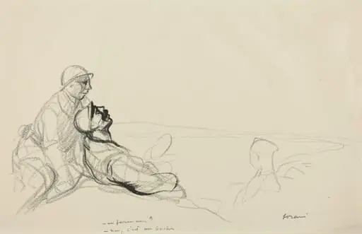 a) -Un farman?  -non, c'est un boche. (recto); b) Sketch of Figure (verso)