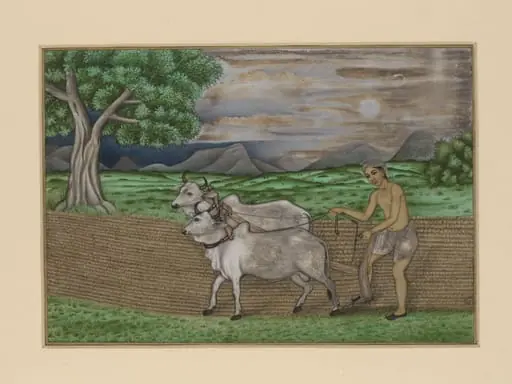 A villager ploughing with two bullocks; a hilly landscape in the background.
