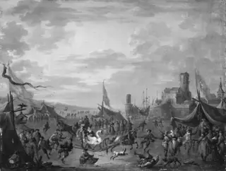 A Winter Scene with Sleigh-Riders and Skaters