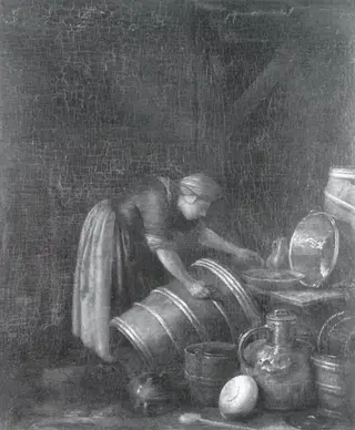 A Woman Scouring a Kitchen Pot