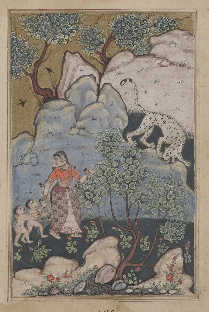 A woman with two children, having abandoned her home, goes into the forest where she encounters a leopard, from a Tuti-nama (Tales of a Parrot): Thirtieth Night