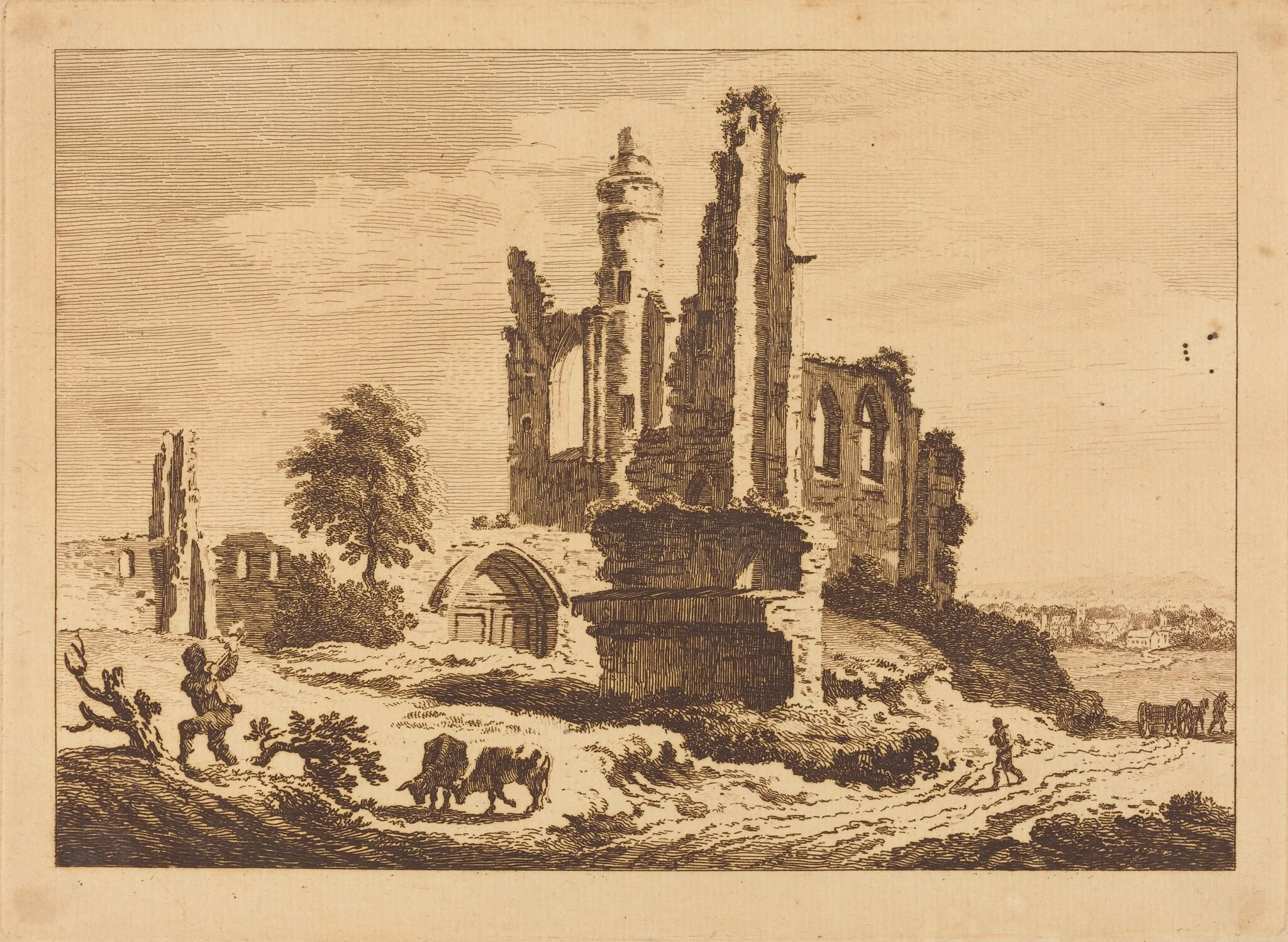 Ruined Abbey with Cattle and a Man Chopping Wood, detail