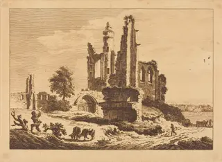 Ruined Abbey with Cattle and a Man Chopping Wood, by Paul Sandby, ink, 1758