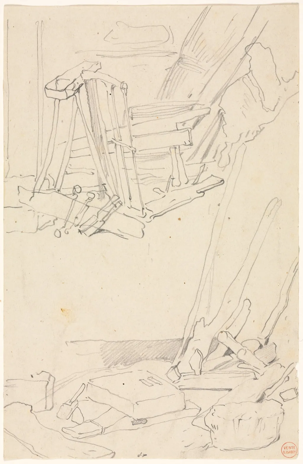 Studies of Wood and Farm Implements, by Eugène Isabey, 1855