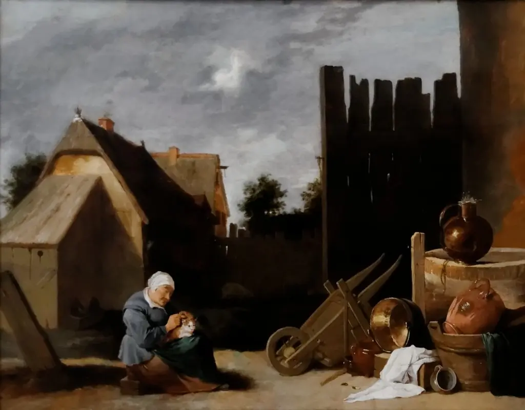 Peasant Court with an Old Woman and a Cat, by David Teniers the Younger, oil, 1660