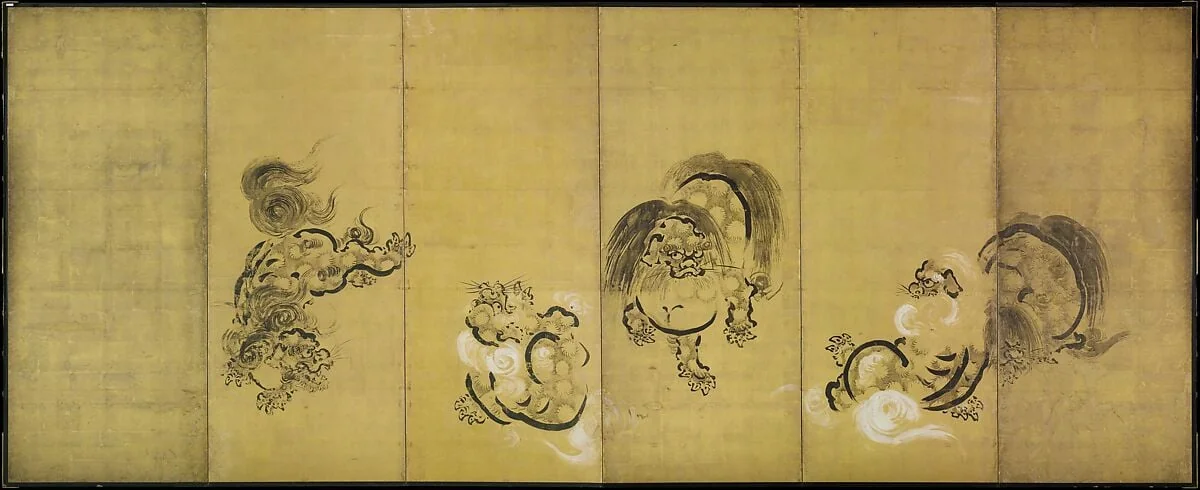 舞楽図屏風 ・唐獅子図屏風|Bugaku Dances (front); Chinese Lions (reverse), detail