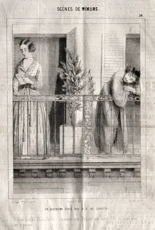 Scènes de moeurs:  Un quatrieme étage rue N. D. de Lorette.  Je crois qu'elle lit ma lettre...à moins que c'en soit une autre.  Elle en avait neuf chez le portier, by Charles Joseph Traviès de Villers, 1838