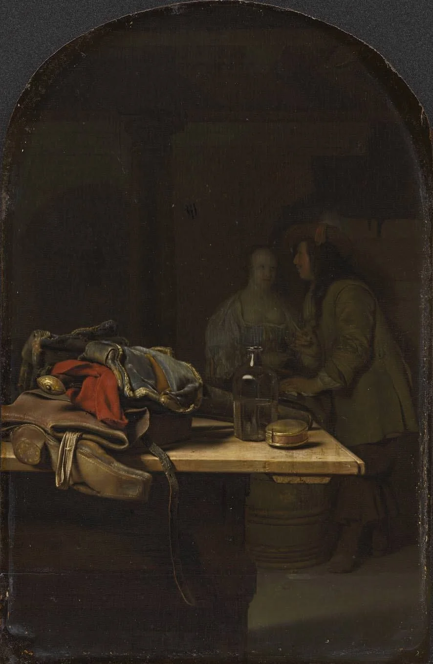 Still life with boot, in the background two figures, detail