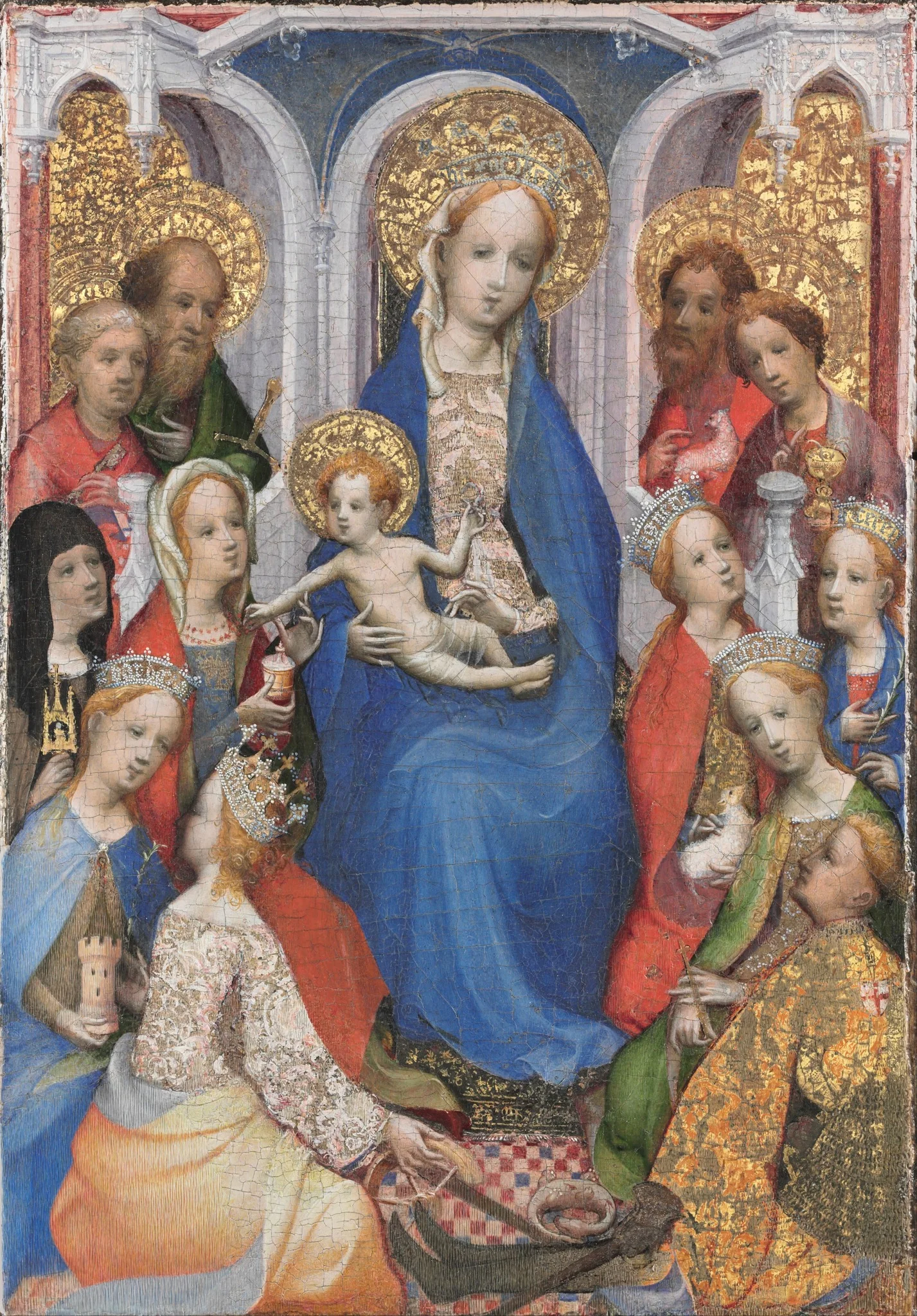 Enthroned Virgin and Child, with Saints Paul, Peter, Clare of Assisi, Mary Magdalene, Barbara, Catherine of Alexandria, John the Baptist, John the Evangelist, Agnes, Cecilia, Margaret of Antioch, and George, detail
