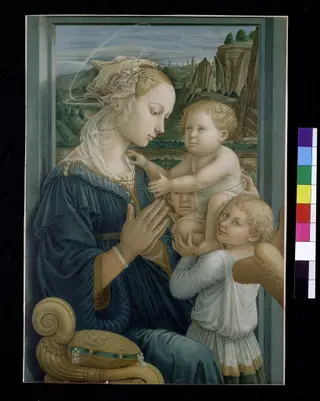 Virgin and Child with an angel, by Ansiglione, 1877