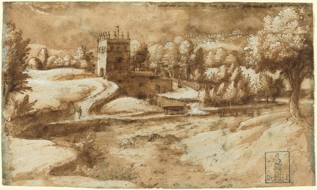 View near Rosora di Serra San Quirico, by Gherardo Cibo, ink, 1556