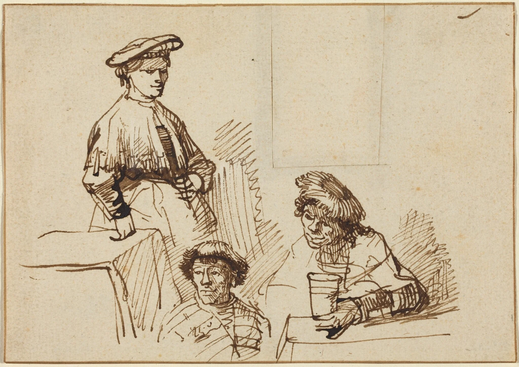 Sketches from a Tavern: Woman Standing and Two Men Seated, detail