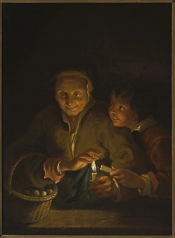 Old woman and a boy with a candle, detail