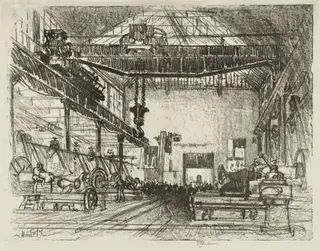 English War Work:  Planing Big Shells, by Joseph Pennell, 1916