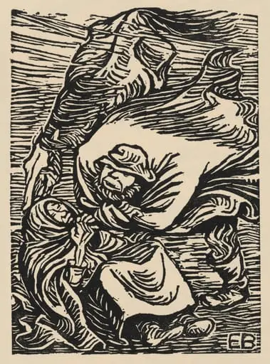 Gruppe im Sturm (Couple in a Storm) from Deutsche Graphiker der Gegenwart (German Printmakers of Our Time), by Ernst Barlach, ink, 1919