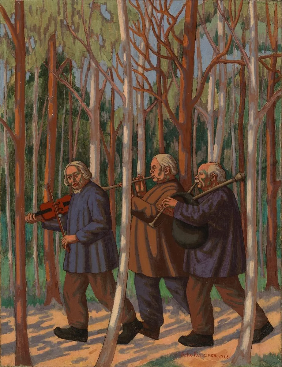 Kolme soittajaa, osaluonnos kansallisteatterin Helkajuhlat freskoa varten, detail