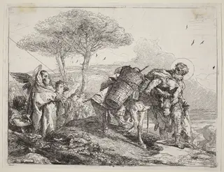 The Madonna and Child at Left, with a File of Angels, by Giovanni Domenico Tiepolo, ink, 1753