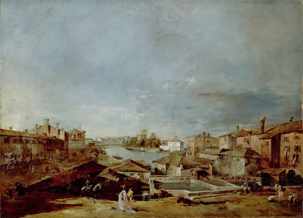 View of Dolo on the Brenta, by Francesco Guardi, oil, 1774