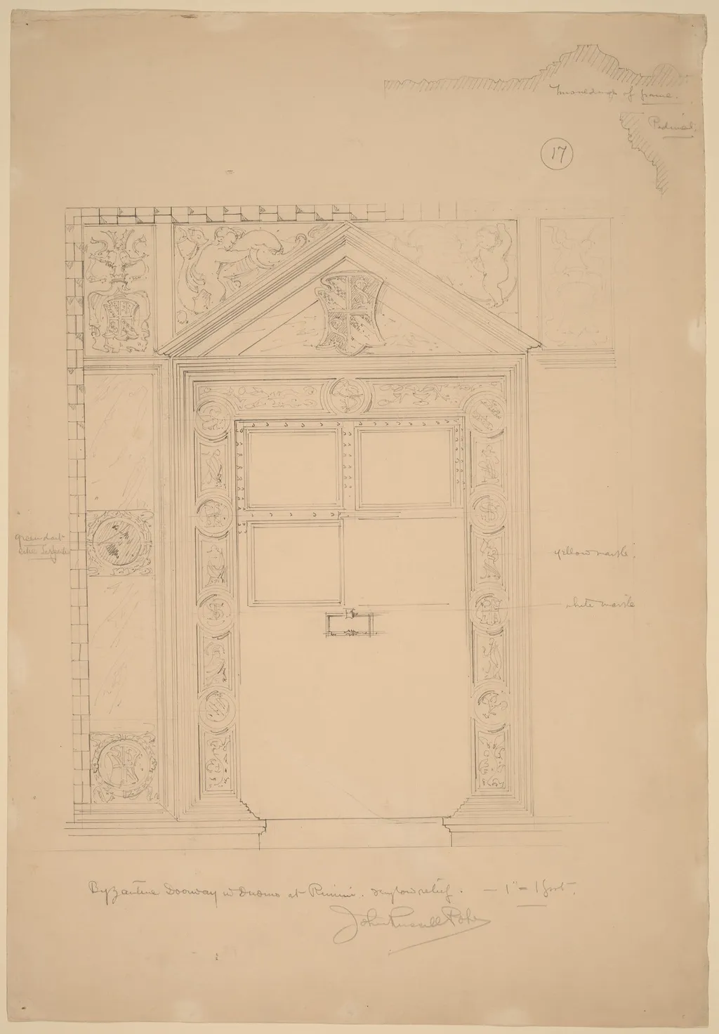 Byzantine Doorway with Duomo, Rimini, by John Russell Pope, graphite, 1898