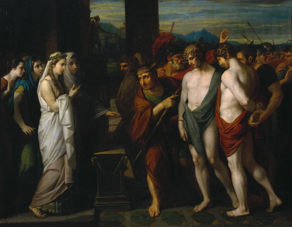 Pylades and Orestes Brought as Victims before Iphigenia, by Benjamin West, oil, 1766