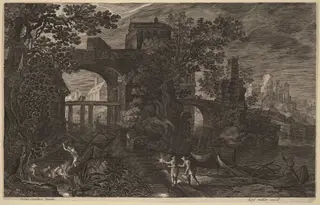 Nocturnal Landscape with River Fishermen outside City Walls, by Aegidius Sadeler II, ink, 1600