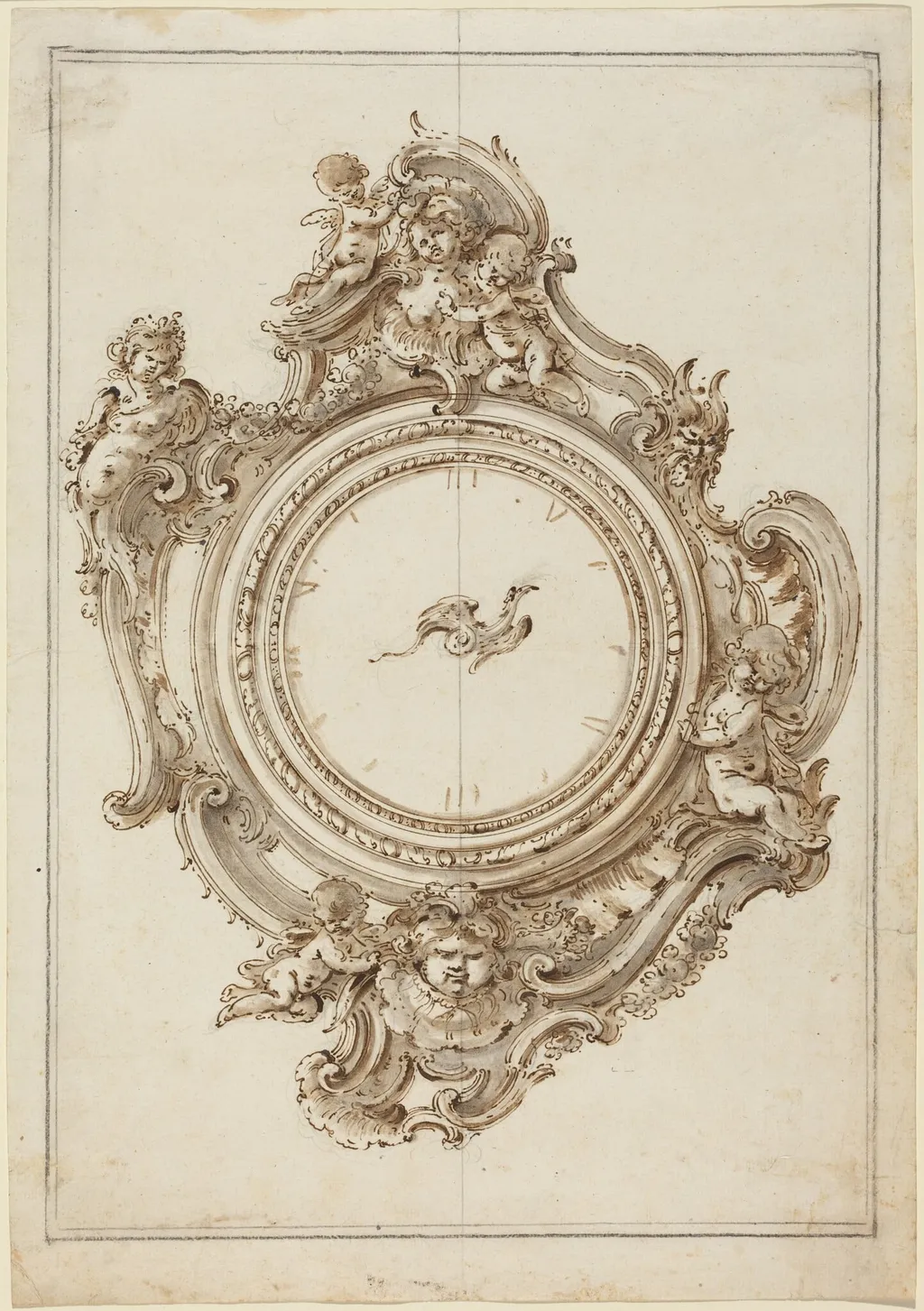 A Rococo Clock with Sirens, Putti, Masks, and a Bird of Paradise Pointer, by Giovanni Bettati, ink, 1738